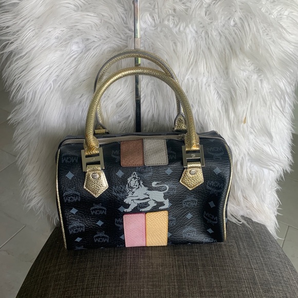 MCM Black Logo Leather Satchel with Gold Handles and Pink, Tan, Cream Panels - Picture 2 of 12